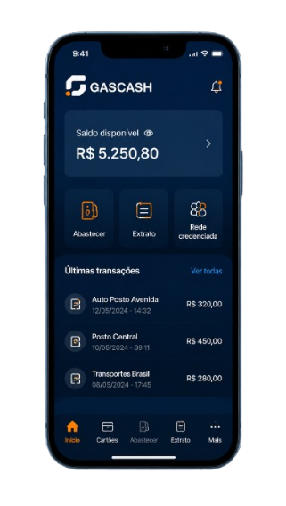 Tela inicial do app GasCash com saldo disponível